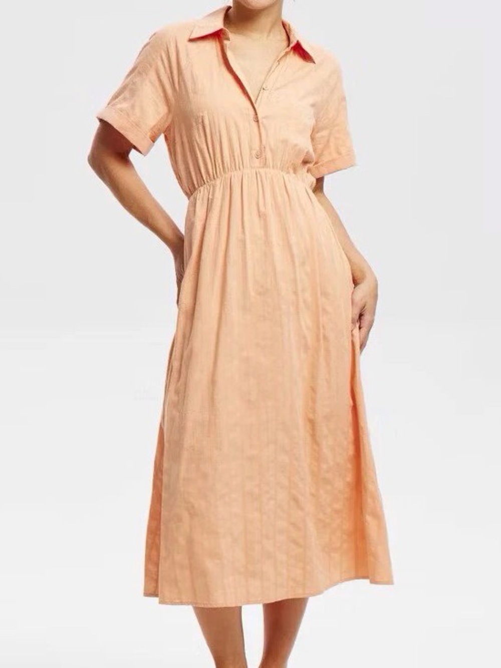 Collared Peach Midi Dress with Elastic Waist